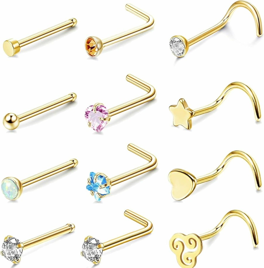 Wholesale VALDEAS Valdeas 14K Gold Filled Nose Rings For Women 20G 12-15Pcs Nose Stud Piercing Jewelry Gold Nose Rings Small Hoops Stainless Steel Nose Ring Set L Nose Rings Studs Screw For Men Nostril Piercings