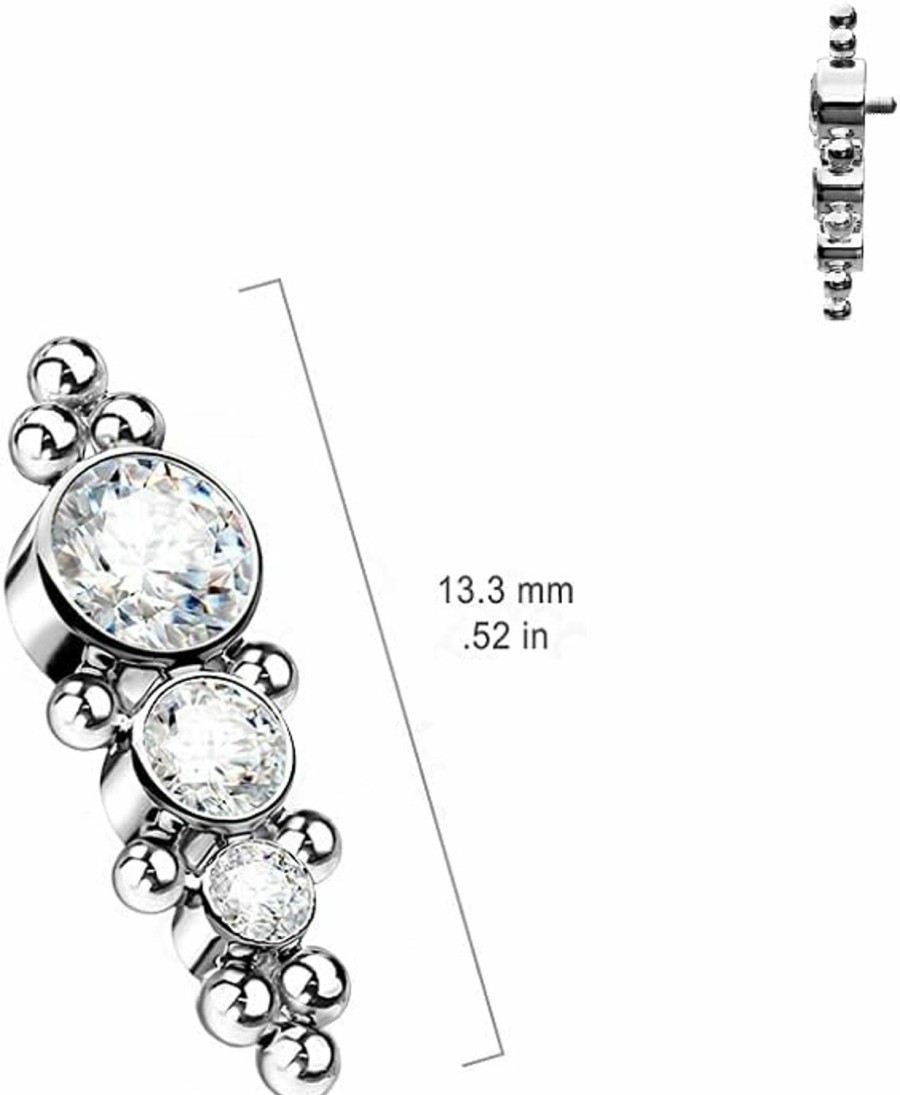 Wholesale Pierced Owl Pierced Owl - 16Ga G23 Implant Grade Titanium 3 Descending Cz Crystals With Ball Clusters Internally Threaded Dermal Anchor Top