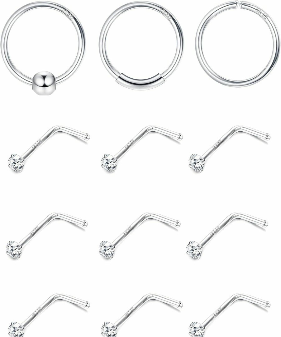 Clearance ZZHDCC Zzhdcc Nose Rings 1.5Mm Cz Nose Studs 8Mm Nose Rings Hoops For Women 20G 925 Sterling Silver Nose Rings L Shaped Nostril Nose Piercings Cartilage Body Jewelry