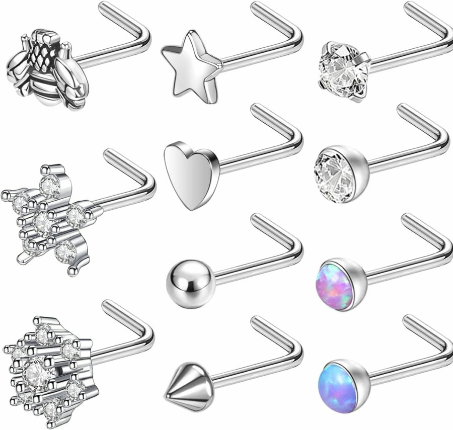 Online BodyAce Bodyace 11Pcs 20G Nose Rings Studs For Women, Surgical Steel Nostril Nose Piercing Jewelry, Cz Butterfly L Shaped Nose Studs Screw Ring Snowflake Star Top