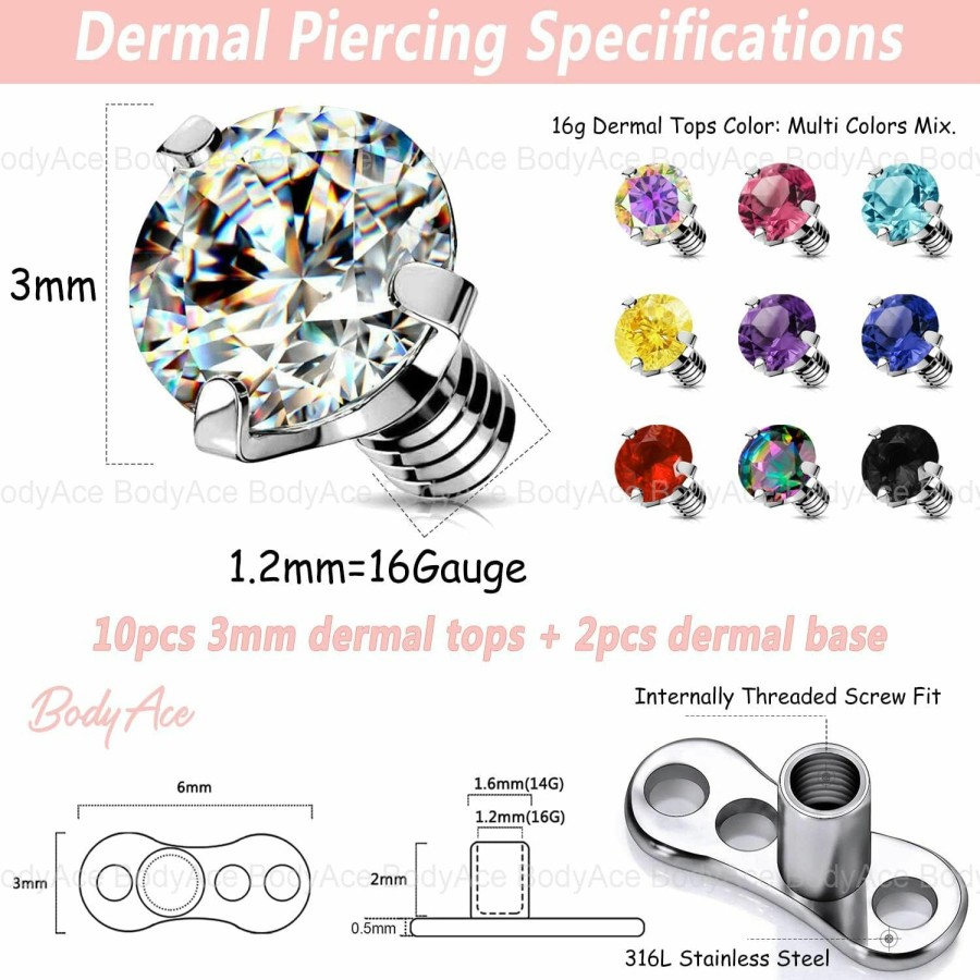 Best BodyAce Bodyace 14G 10-12Pcs Surgical Steel Dermal Anchor Tops, Internally Threaded Dermal Piercing Jewelry Base, Cubic Zircon Implant Skin Piercing Kits