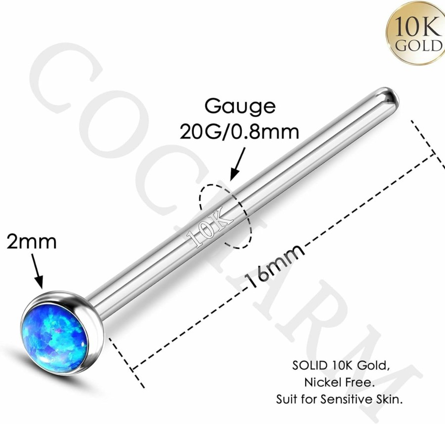 Clearance COCHARM Cocharm 10K White Gold Fishtail Nose Studs 20G Blue Opal Fishtail Long Nose Stud 2Mm Blue Opal Bendable Stud Nose Ring Hypoallergenic White Gold Nose Piercing