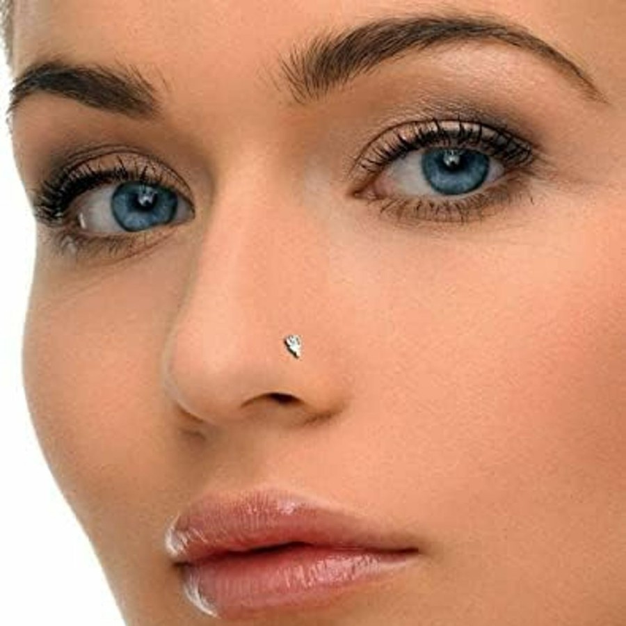 Wholesale Generic Natural Diamond Nose Ring Sterling Silver Heart Nose Stud In 16 Gauge And 8Mm Length/Diamond Nose Stud For Womens/Diamond Color- J-K Diamond Clarity- I1-I2 Diamond Weight 0.01 Ct