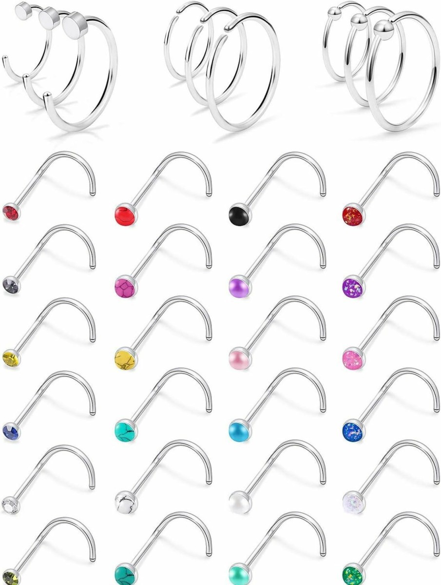 Hot SCERRING Scerring 18G Stainless Steel Nose Hoop Rings Studs Nostril Tragus Lip Rook Ring Body Piercing Jewelry 1.5-4Mm Cubic Zirconia Stone Pearl Opal 12-33Pcs