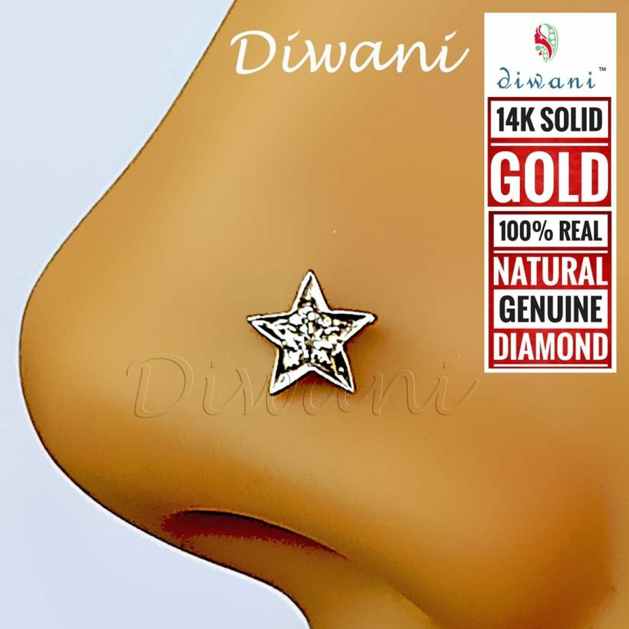 New DIWANI Diwani 14K Gold Gii Certified Natural Si Solitaire Diamond 5 Point Star Shape Engagement Wedding Nose Piercing Ring Stud Pin (0.030 Cents, F-G Color) 20 Gauge Thick 5.0Mm Length Spiral Wire Post