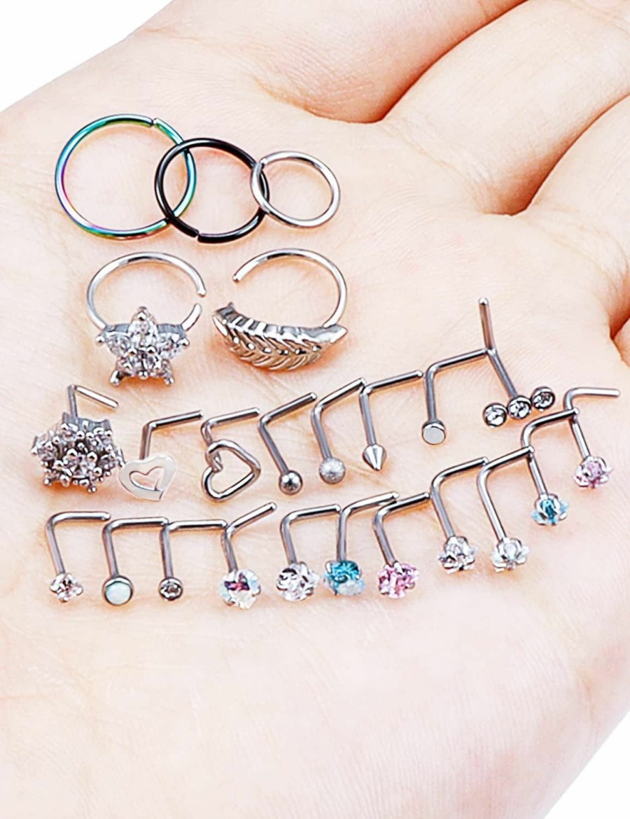 Clearance Prjndjw Prjndjw 20G Nose Rings Hoop Stainless Steel L-Shaped Hypoallergenic Nose Ring Indian Nose Rings Studs Screw Clear Cz Diamond Retainer Tragus Cartilage Helix Earrings Piercing Hoop 20 Gauge