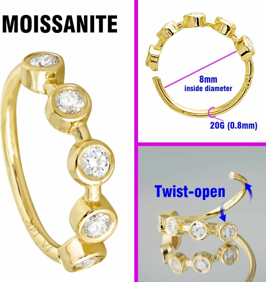 Hot Jewelry Avalanche Jewelry Avalanche Solid 20G 14Kt White/Yellow Gold Bezel Set 5-Stone Moissanite Nose Hoop Ring - Ear Cartilage Ring - April Birthstone Nose Ring Stud