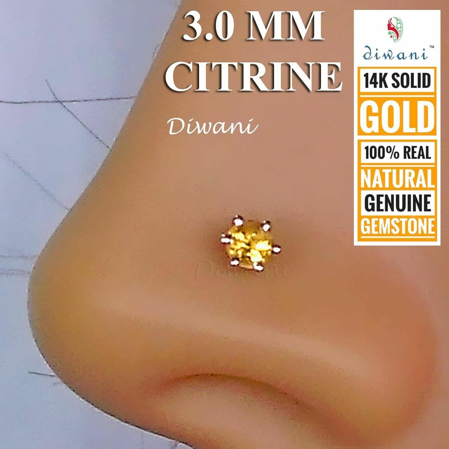 Best DIWANI Diwani 14K Gold 3.0Mm Natural Citrine Gemstone Engagement Wedding Nose Lip Labret Monroe Body Piercing Ring Stud Pin Screw (0.120 Cents, Color- Yellow) 18 Gauge Thick 8.0Mm Length Screw Back Post