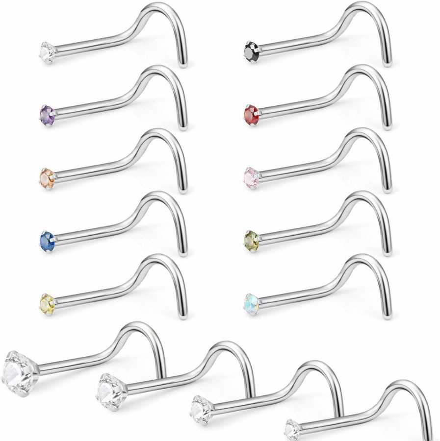 New Lcolyoli Lcolyoli Nose Rings Screw 18 Gauge Surgical Steel Nose Studs Crystal Hypoallergenic Body Piercing Jewelry 1.5-3Mm Cz 14 Pieces