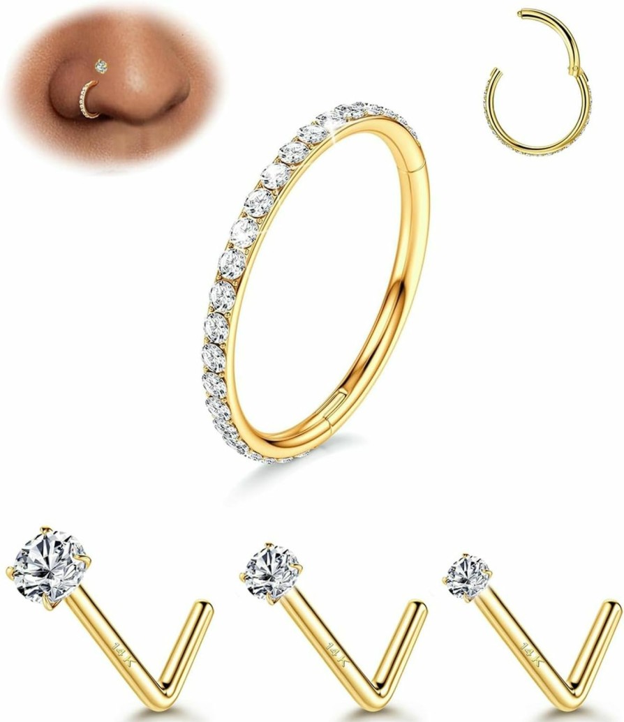 Online Purbeaut Purbeaut 4Pcs 16G/20G Nose Rings Hoops Nose Rings Studs 316L Surgical Stainless Steel Nose Ring Gold Nose Ring L Shape Nose Rings Studs 1.5/2/3Mm Cz Sets For Women