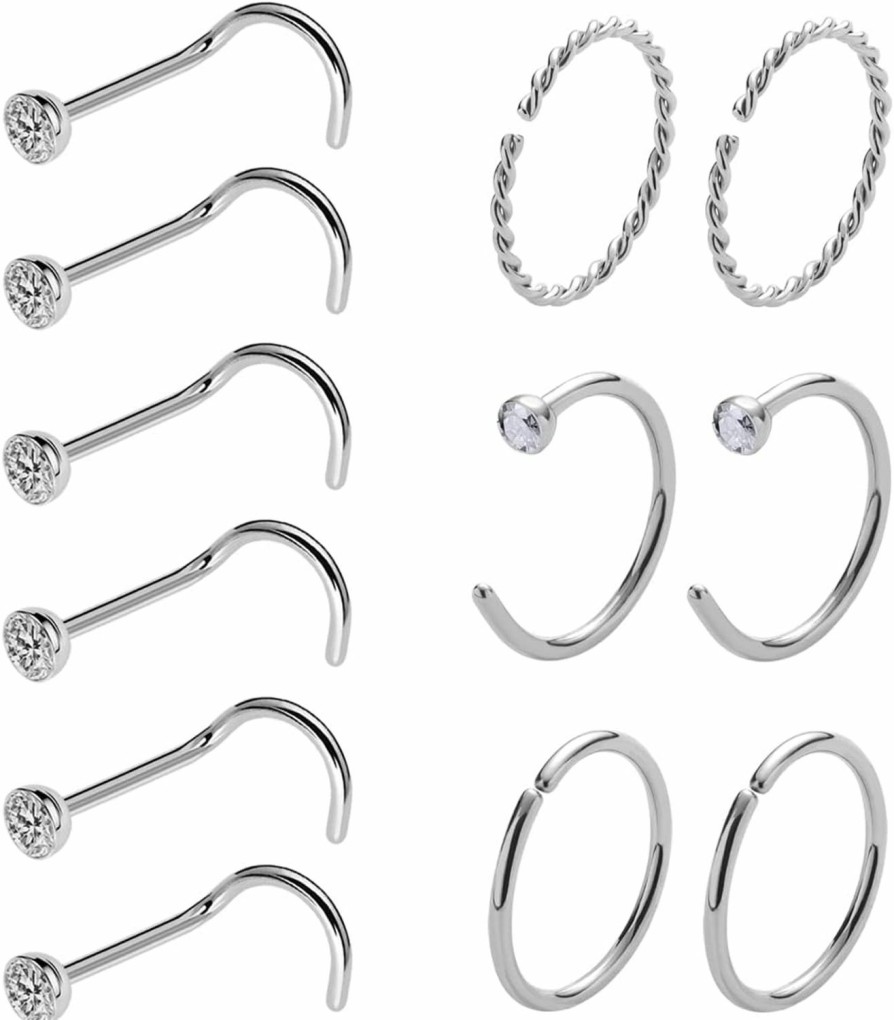 Best Kiethleasa Kiethleasa 20 Gauge Nose Ring Hoop Stainless Steel Nose Rings For Women Men Round Cz L Shaped Nose Studs Nose Screw Bone Rings Set Nose Piercing Jewelry Hoops Nose Rings Silver Black 12Pcs