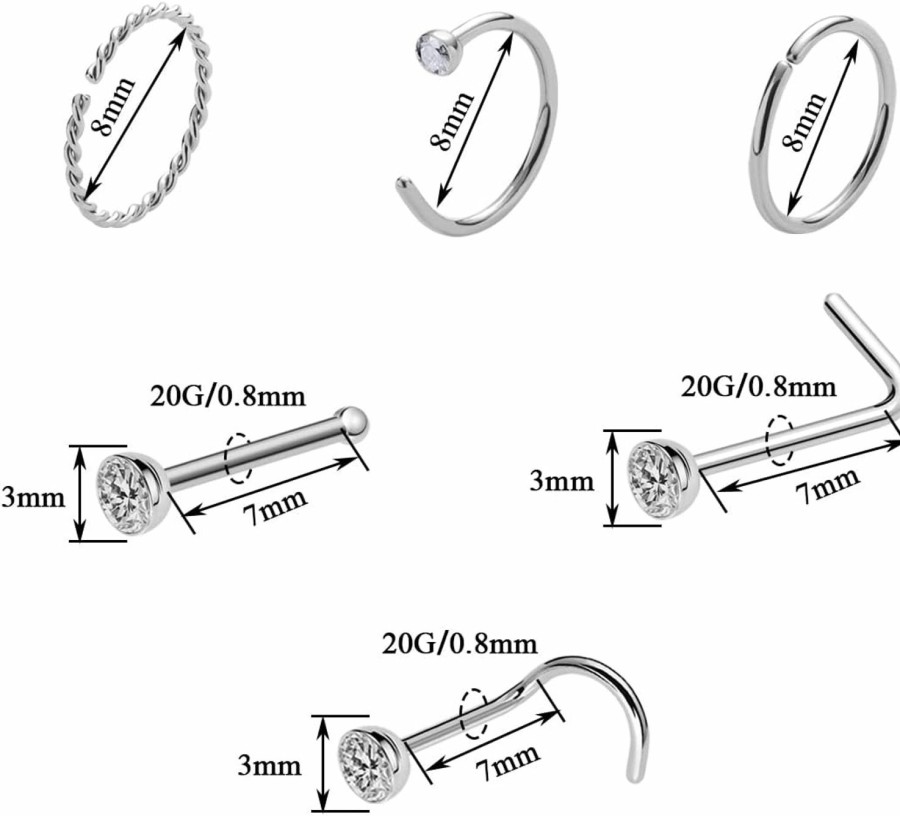 Best Kiethleasa Kiethleasa 20 Gauge Nose Ring Hoop Stainless Steel Nose Rings For Women Men Round Cz L Shaped Nose Studs Nose Screw Bone Rings Set Nose Piercing Jewelry Hoops Nose Rings Silver Black 12Pcs