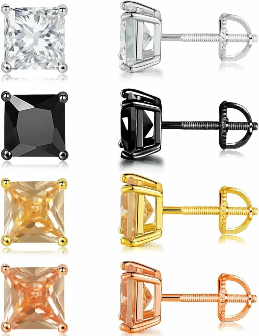 Online APMMAT Screw Back Pack Of Earrings 18K Gold Plated Square Simulated Diamond Studs For Women Men 18G Princess Cut Cubic Zirconia Rainbow Cz Hypoallergenic For Sensitive Ears Helix Piercing Set