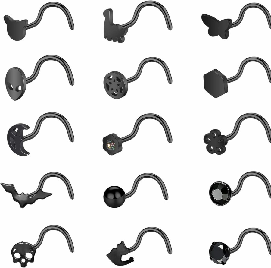 New BodyAce Bodyace 15Pcs Black Nose Rings For Women Men, 20G Bone Corkscrew Nose Rings Studs L Shape, Stainless Steel Nostril Nose Piercing Jewelry