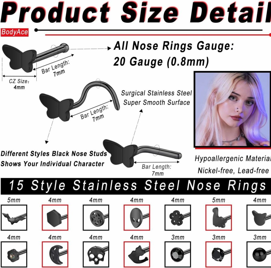 New BodyAce Bodyace 15Pcs Black Nose Rings For Women Men, 20G Bone Corkscrew Nose Rings Studs L Shape, Stainless Steel Nostril Nose Piercing Jewelry