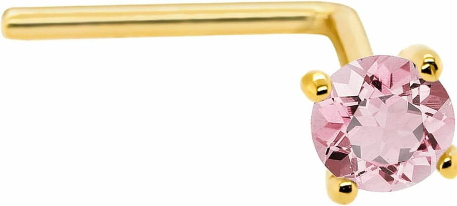 Wholesale Jewelry Avalanche Jewelry Avalanche 22G Solid 14Kt Gold L-Shape Nose Stud With Real Pink Tourmaline Gemstone, 14Kt Yellow Gold Or 14Kt White Gold Prong Setting - October Birthstone Nose Ring