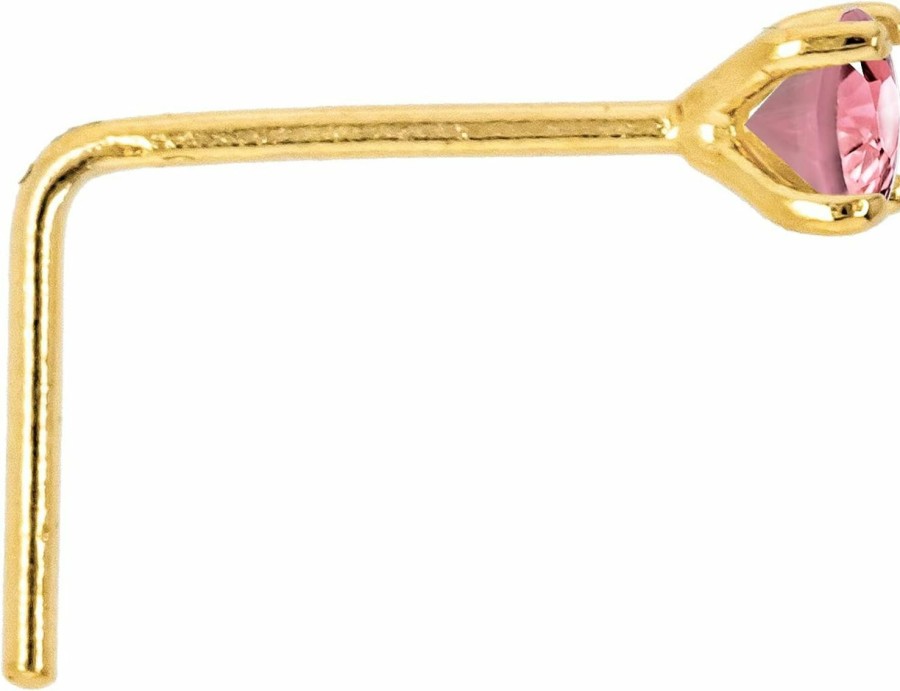 Wholesale Jewelry Avalanche Jewelry Avalanche 22G Solid 14Kt Gold L-Shape Nose Stud With Real Pink Tourmaline Gemstone, 14Kt Yellow Gold Or 14Kt White Gold Prong Setting - October Birthstone Nose Ring