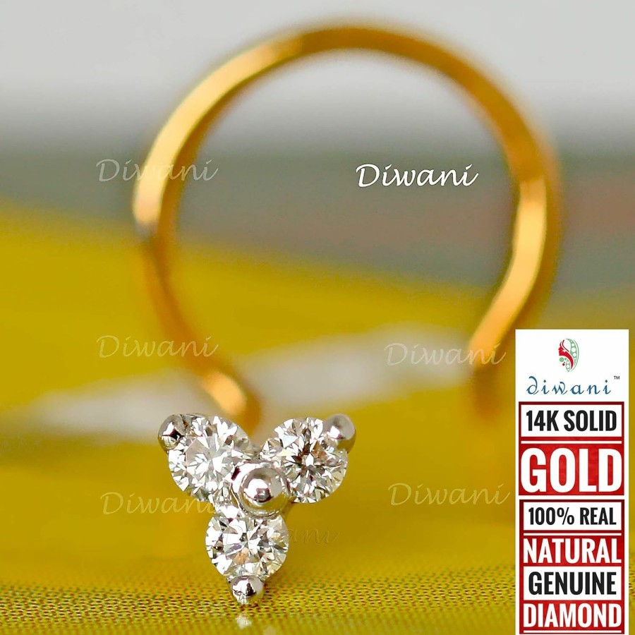 Best DIWANI Diwani 14K Gold Gii Certified 3 Pcs Natural Vvs Diamonds Flower Shape Engagement Wedding Nose Piercing Ring Stud Pin (0.050 Cents,E-F Color) 20 Gauge Thick 5.0Mm Length Spiral Wire Post