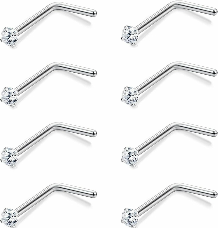 Clearance ZZHDCC Zzhdcc 8-12 Pcs 20G Nose Studs Stainless Steel L Shaped Nose Ring Nose Stud Nostril Piercing Jewelry Silver Nose Rings Studs For Women Men Birthday Gifts Cz 1.5Mm