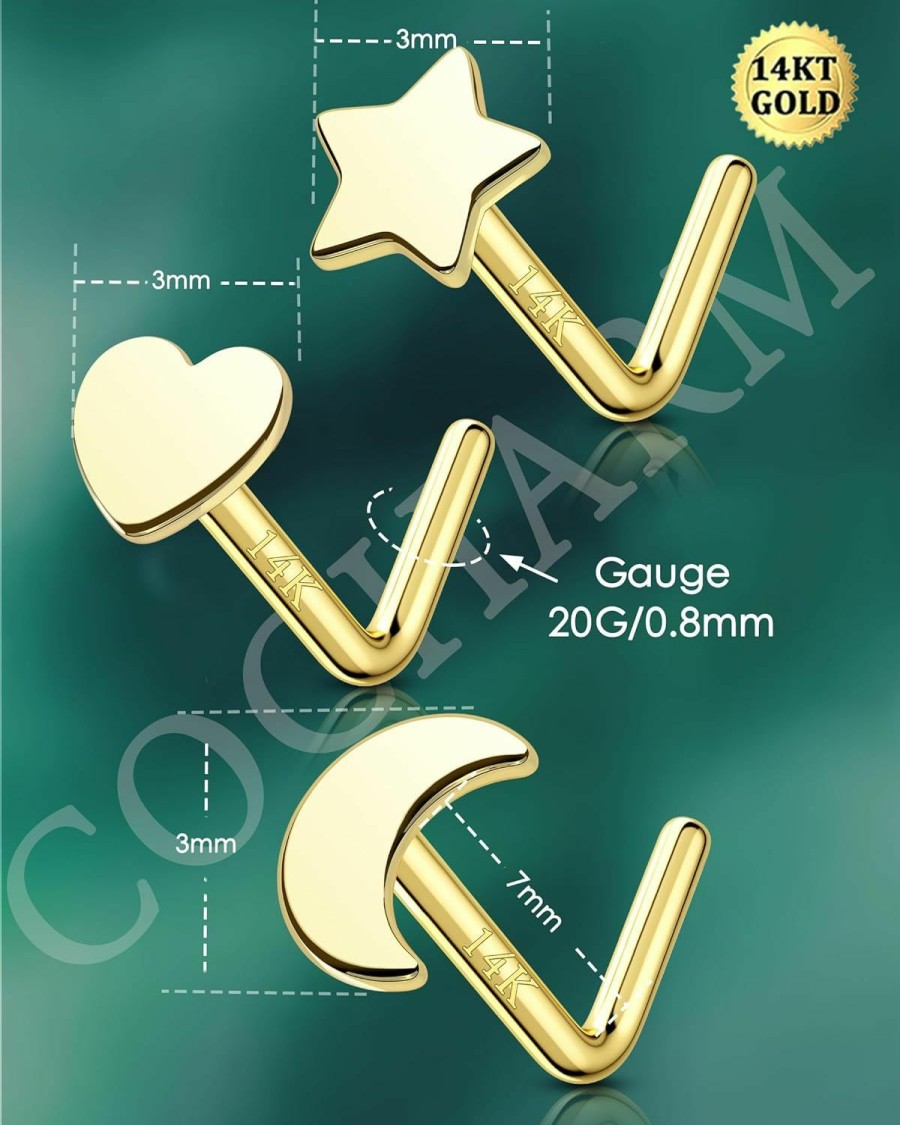 Wholesale COCHARM Cocharm 14K Solid Gold Nose Stud For Women Gold 20G L Shape Nose Rings Stud Yellow Gold Nose Piercing Stud Real Gold Nostril Nose Stud Hypoallergenic 20 Gauge Nose Stud