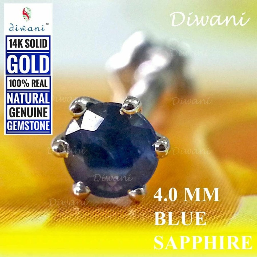 Best DIWANI Diwani 14K Gold 4.0Mm Natural Blue Sapphire Gemstone Engagement Wedding Nose Lip Labret Monroe Body Piercing Ring Stud Pin Screw (0.230 Cents, Color- Blue) 18 Gauge Thick 8.0Mm Length Screw Back Post