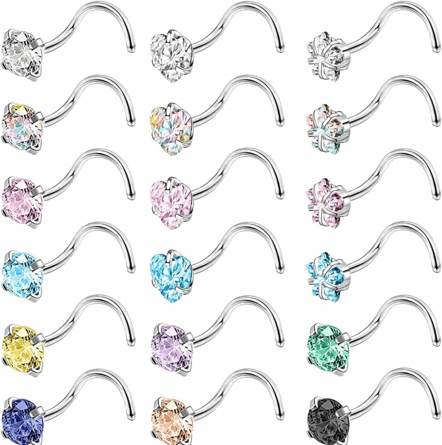 Wholesale BodyAce Bodyace 18Pcs Stainless Steel Nose Studs Rings, 20 Gauge L Shaped Stud Nose Rings For Women, Mix Colors 3Mm Diamond Cz Nostril Nose Piercing Jewelry