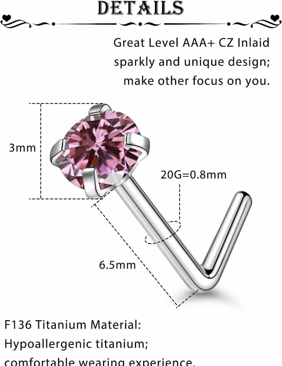 Best Qiwnswoy Qiwnswoy 3 Pcs 20G Astm F136 Titanium Nose Rings Studs For Women G23 Titanium Nose Rings Diamond Cz Nose Studs L Shaped Nose Nostril Piercing Jewelry Hypoallergenic