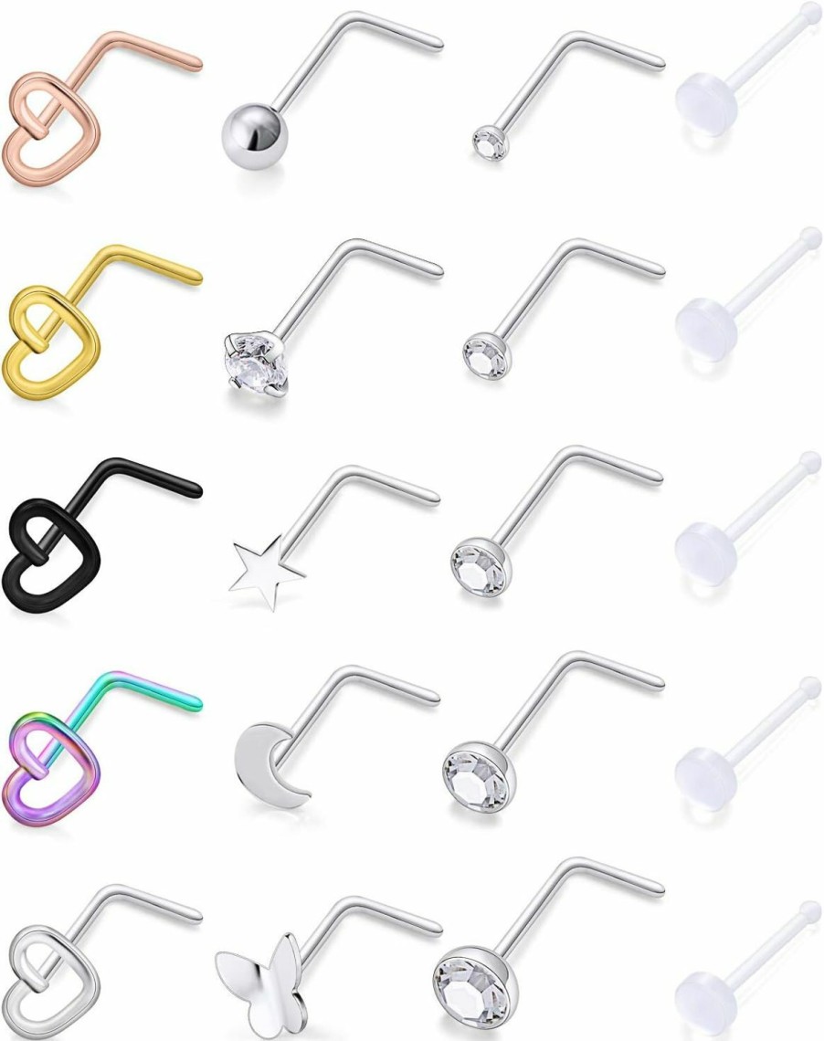 Clearance Hoeudjo Hoeudjo 20Pcs 20G Surgical Steel Heart Nose Ring Studs Body Jewelry Piercing Retainer For Women Men Cz Inlaid 1.5Mm-3.5Mm