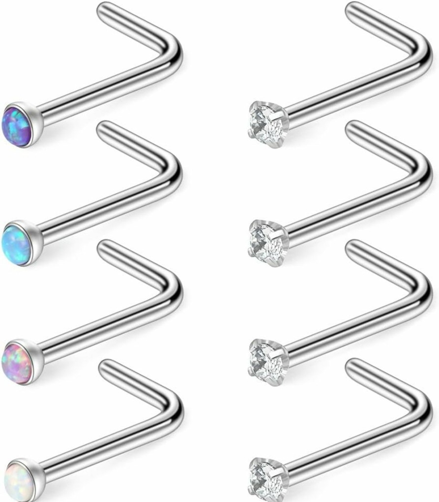 Online Ruifan Ruifan 20G 316L Surgical Steel 1.5Mm 2Mm 2.5Mm 3Mm Jeweled Opal & Clear Cz Nose L-Shaped Rings Studs Ring Body Piercing Jewelry 8Pcs