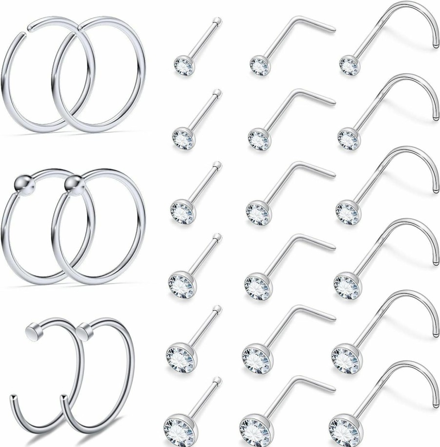 Best Vsnnsns Vsnnsns 18G 20G 22G Nose Rings Hoops For Women 316L Stainless Surgical Steel L Shape Nose Studs Screw Bone Nose Rings Piercing Diamond Cz 1.5Mm 2Mm 2.5Mm 3Mm 3.5Mm 4Mm Silver Gold Rose Gold 24Pcs