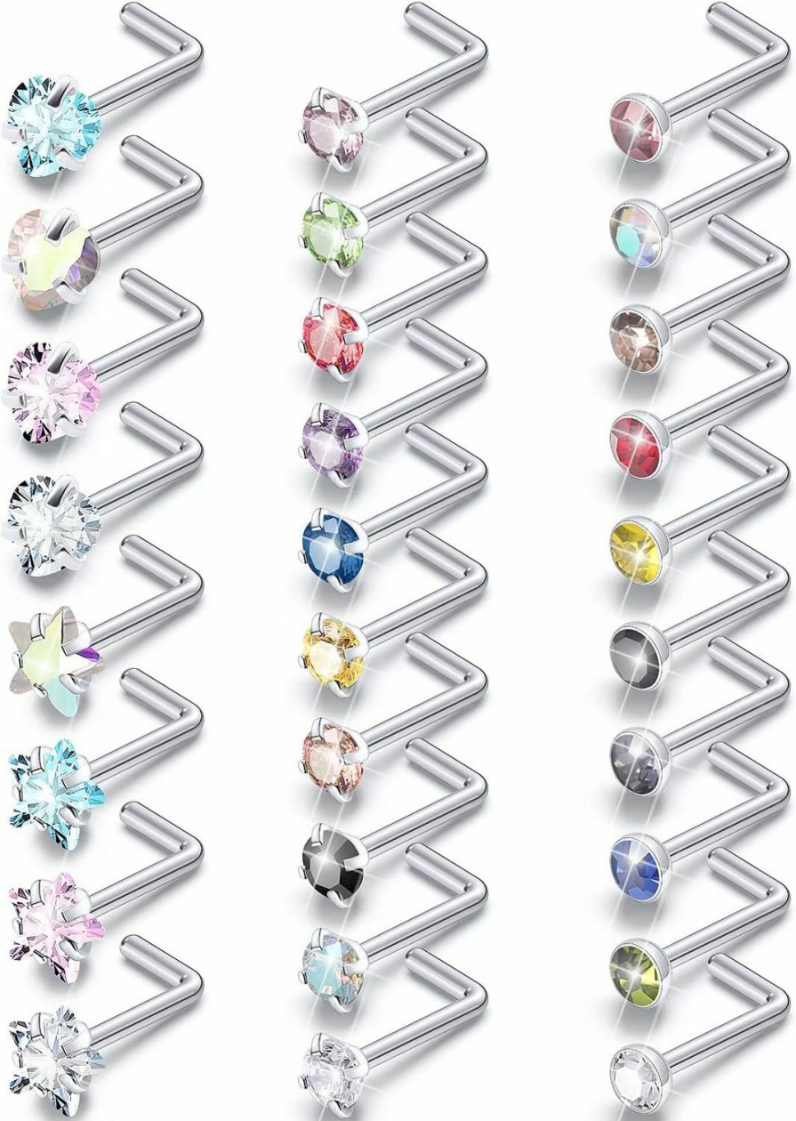 New Boernfnso Boernfnso 20G Nose Rings Stud Surgical Steel Nose Piercing Jewelry For Women Men Opal Cz Stars Heart Shape Nose Ring 6.5Mm~7Mm Bar Length,Top Balls 2Mm-4Mm 16Pcs Pink Blue Purple White Nose Ring