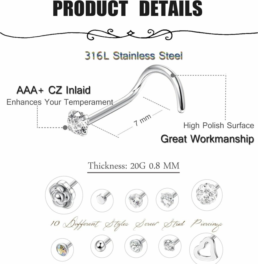 Wholesale FIBO STEEL Fibo Steel 10-30Pcs 20G Stainless Steel Nose Ring Studs Body Jewelry Piercing Cz Inlaid 1.5Mm-3.5Mm