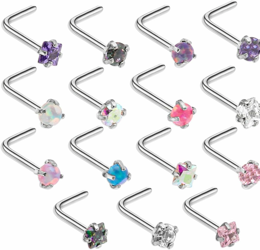 New Yolev Yolev 15Pcs 18G 20G Surgical Stainless Steel Nose Rings Studs L Shaped Screw Studs Rings Cubic Nose Rings Hypoallergenic Stainless Steel Czech Crystal Small Nose Piercing Set