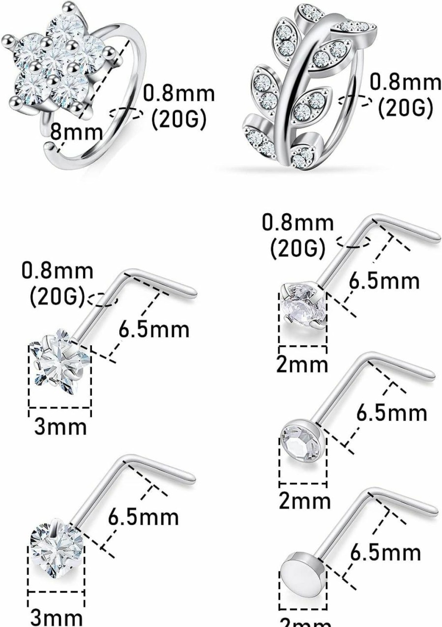 Hot Generic Kwoencxi 20G Nose Rings Studs For Women Surgical Stainless Steel Heart Nose Rings Hoop Nose Nostril Ring Pin Bone Hypoallergenic Nose Piercing Jewelry For Women Men Silver 2Mm 8Mm (Ndyb-000018)