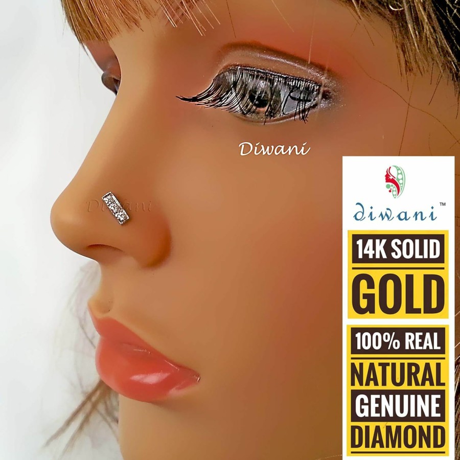 New DIWANI Diwani 14K Gold Natural Si 3 Diamonds Straight Line Shape Engagement Nose Lip Labret Monroe Piercing Ring Stud Screw Pin (0.060 Cents, G-H Colour) 18 Gauge Thick 8.0Mm Length Screw Back Post