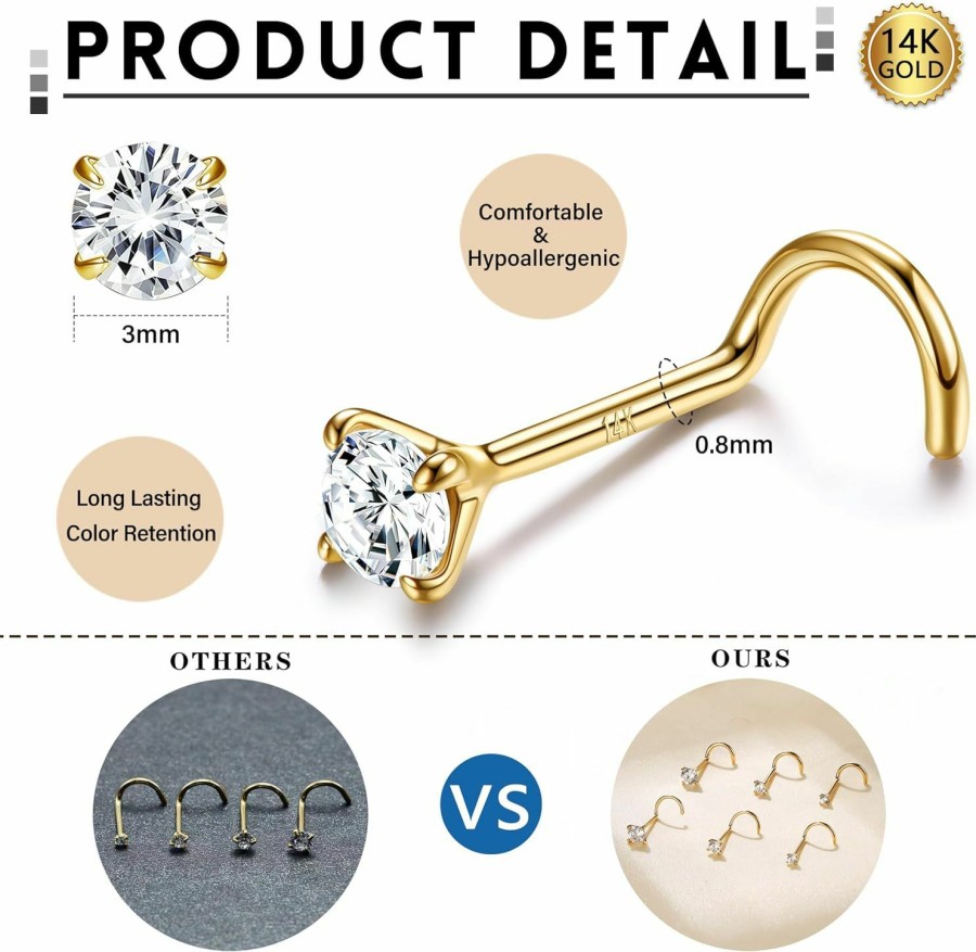 Hot LOYALLOOK Loyallook 14K Real Gold Nose Rings Studs Simulated Diamond Cz Corkscrew Nose Rings Nose Studs Solid Gold Twist Nose Screw Studs Rings Hypoallergenic Nose Piercings For Women Men 1.5 2 3Mm