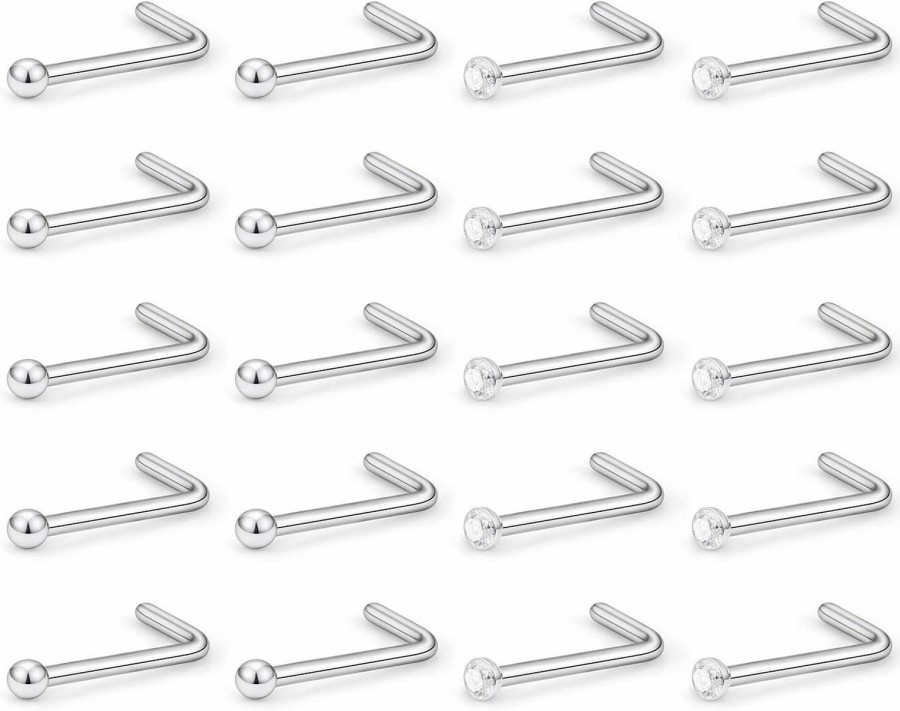 Hot Ftovosyo Ftovosyo 20Pcs Surgical Steel Clear Diamond Cz Micro Nose Stud Nostril Ring L-Shaped Pin 18 Gauge For Women Men