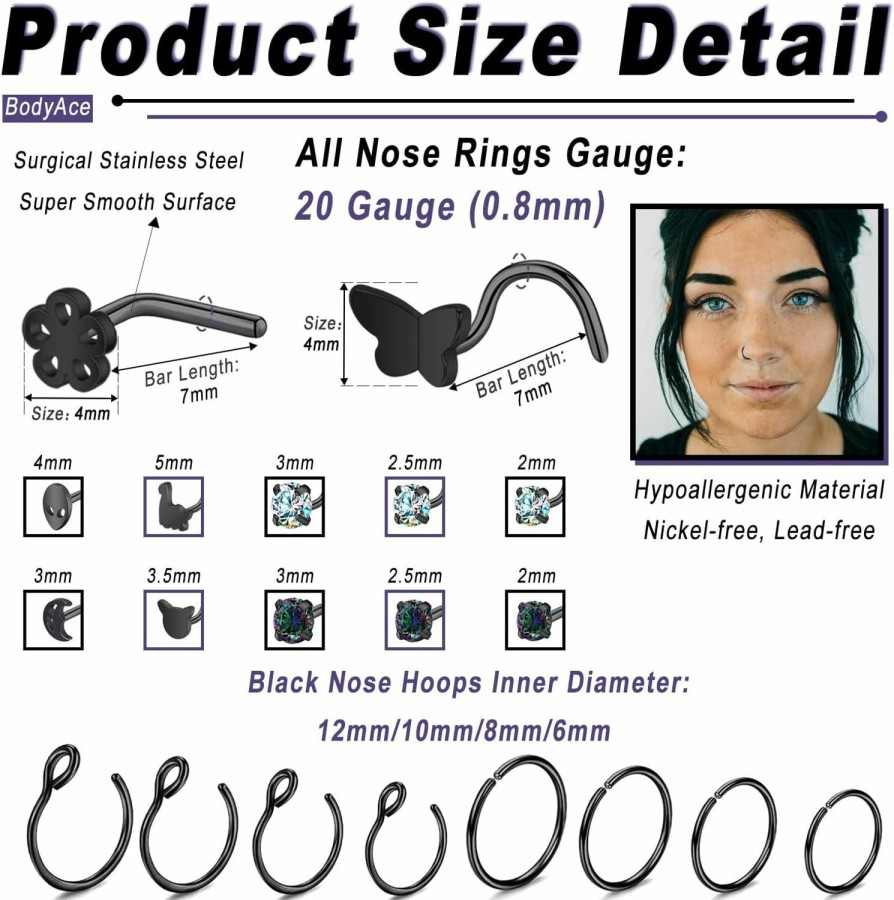 New BodyAce Bodyace 20G Black Corkscrew Nose Studs L-Shape, Surgical Steel Nostril Hoop Nose Rings For Women Men, Bats Skull Halloween Nose Piercing Jewelry