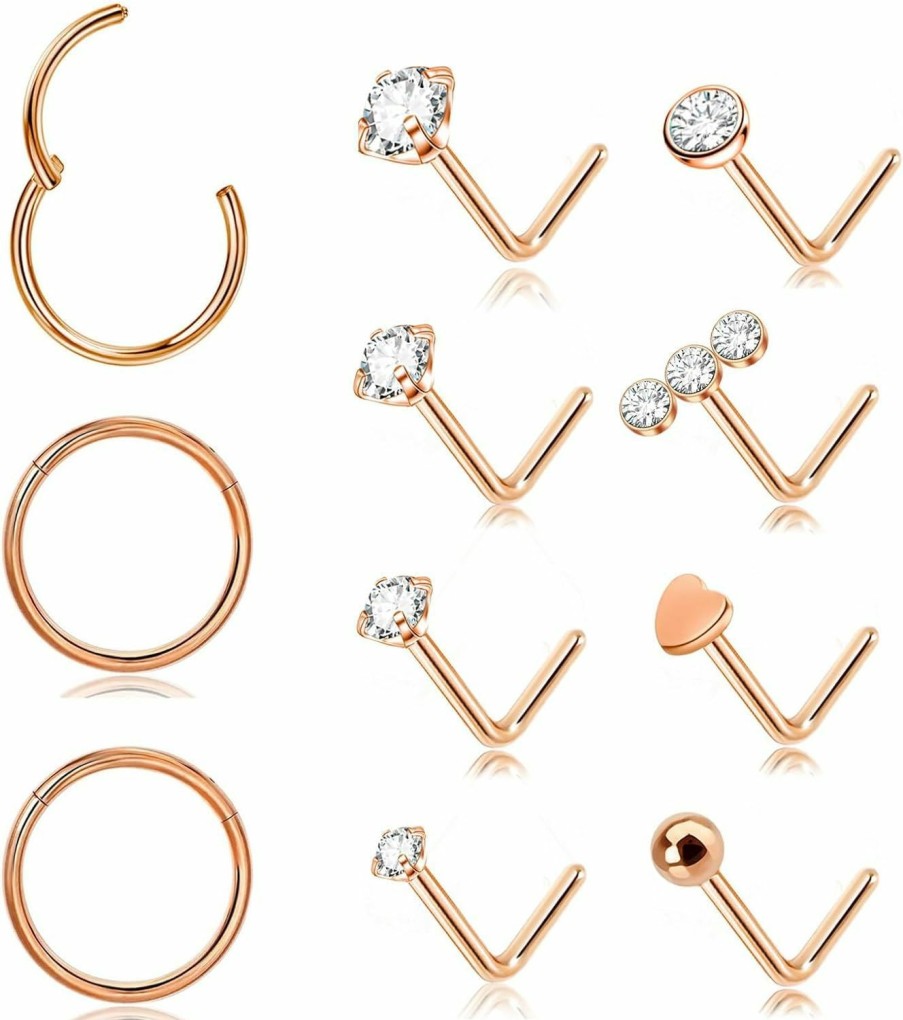 Online DAILI 9Pcs 18G 20G Nose Rings Studs: Hinged Hoop Nose Rings For Women Men, Corkscrew Bone L Shaped Nose Studs Hypoallergenic 316L Surgical Steel Nose Piercings Jewelry Small Silver Gold Nose Rings With 1.5/2/3Mm Cubic Zirconia