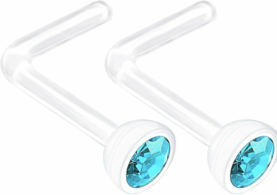 New BanaVega 2Pcs Bioflex L Shaped Nose Ring 20G 0.8Mm 5Mm Flesh Nostril Screw 2.5Mm Crystal Stud Piercing Jewelry - See More Colors