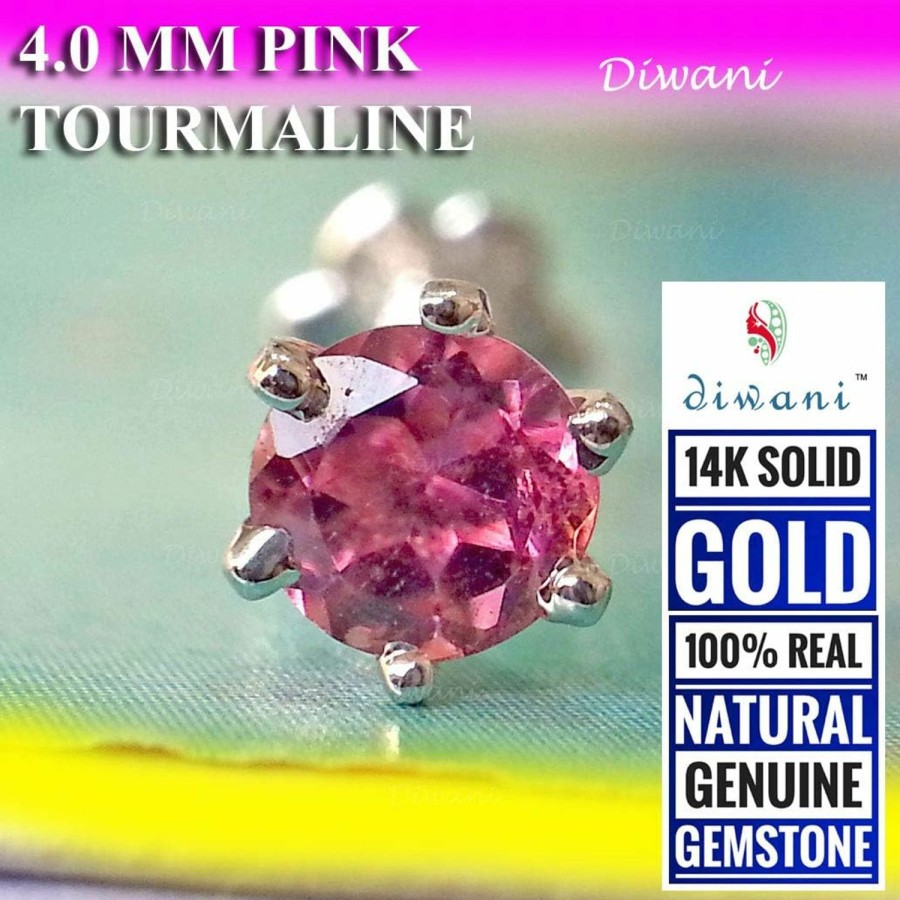 Wholesale DIWANI Diwani 14K Gold 4.0Mm Natural Pink Tourmaline Gemstone Engagement Wedding Nose Lip Labret Monroe Body Piercing Ring Stud Pin Screw (0.23 Cents, Color- Pink)18 Gauge Thick 8.0Mm Length Screw Back Post