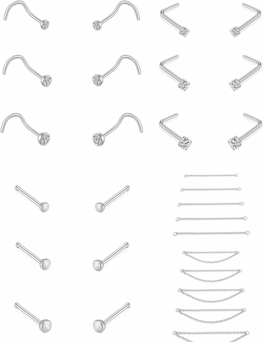 Wholesale Akeoqi Akeoqi 28Pcs Nose Stud Nose Chain Stainless Steel L Screw Straight Shape Nose Stud Chain Nose Stud Nostril Piercing Body Jewelry For Women Men 20G Set 2Mm 2.5Mm 3Mm Cz Silver Gold Tone