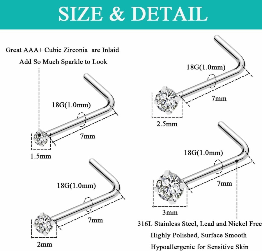 Best Pierstyles Pierstyles 20G 18G Nose Rings Studs Stainless Steel Nose Rings For Women Men Round Cz Nose Bone L Shaped Screw Nose Stud Ring Set Nostril Piercing Jewelry Silver Gold Black