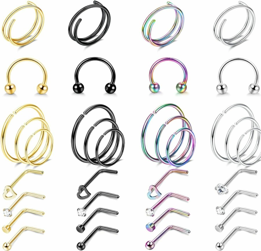 Best Sllaiss Sllaiss 36Pcs 20G Nose Ring Hoop For Women Men Stainless Steel 8Mm 10Mm 12Mm Septum Nose Rings L Shape Nose Rings Studs Mix Color Nostril Nose Piercing Jewelry Pack