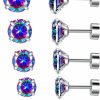 New VOLUKA Titanium Screw Flat Back Pack Of Earrings Rainbow Cubic Zirconia Simulated Diamond Stud For Women Men 316L Surgical Stainless Steel Helix Piercing Hypoallergenic For Sensitive Ears 20G