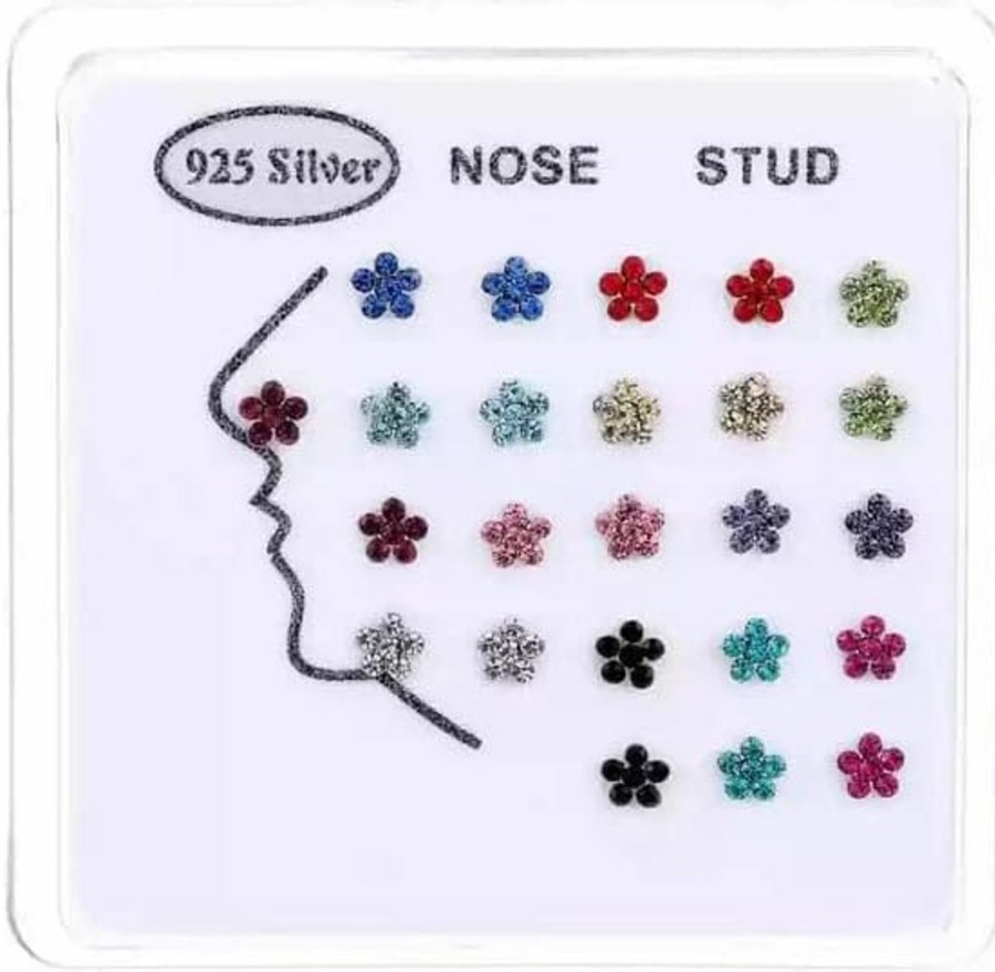 Clearance COLORFUL BLING Colorful Bling 24Pcs 22G Blue Evil Eye Nose Studs 925 Sterling Silver Inlaid 3Mm E Austrian Cubic Zirconia Nose Rings Stud Multicolor For Women Men Nose Body Piercing Jewelry With Box