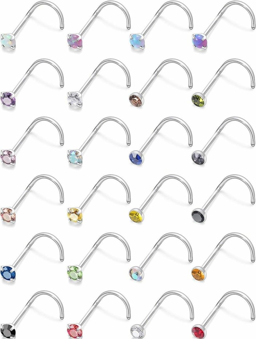 Clearance Generic Lsnevsie 18G 20G 22G Surgical Steel Opal Nose Rings Studs For Women Men Nose Piercing Jewelry Top Diamond 1.5Mm 2Mm 2.5Mm 3Mm 24Pcs