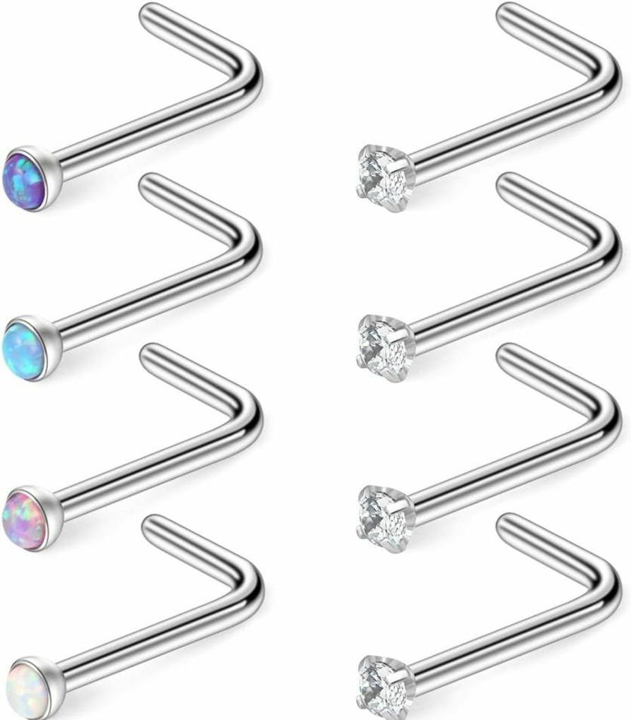 Best Ruifan Ruifan 22G 316L Surgical Steel 1.5Mm 2Mm 2.5Mm 3Mm Jeweled Opal & Clear Cz Nose L-Shaped Rings Studs Ring Body Piercing Jewelry 8Pcs