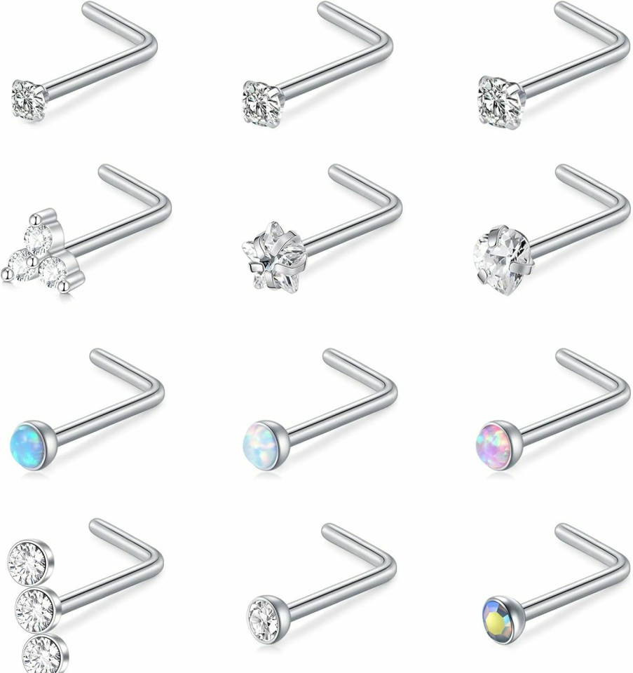 New MODRSA Modrsa Nose Studs 20G 18G Nose Rings Studs Nose Stud L Shaped Surgical Stainless Steel Diamond Small Nose Stud For Women Men Corkscrew Nose Rings Nose Piercing Studs Screw