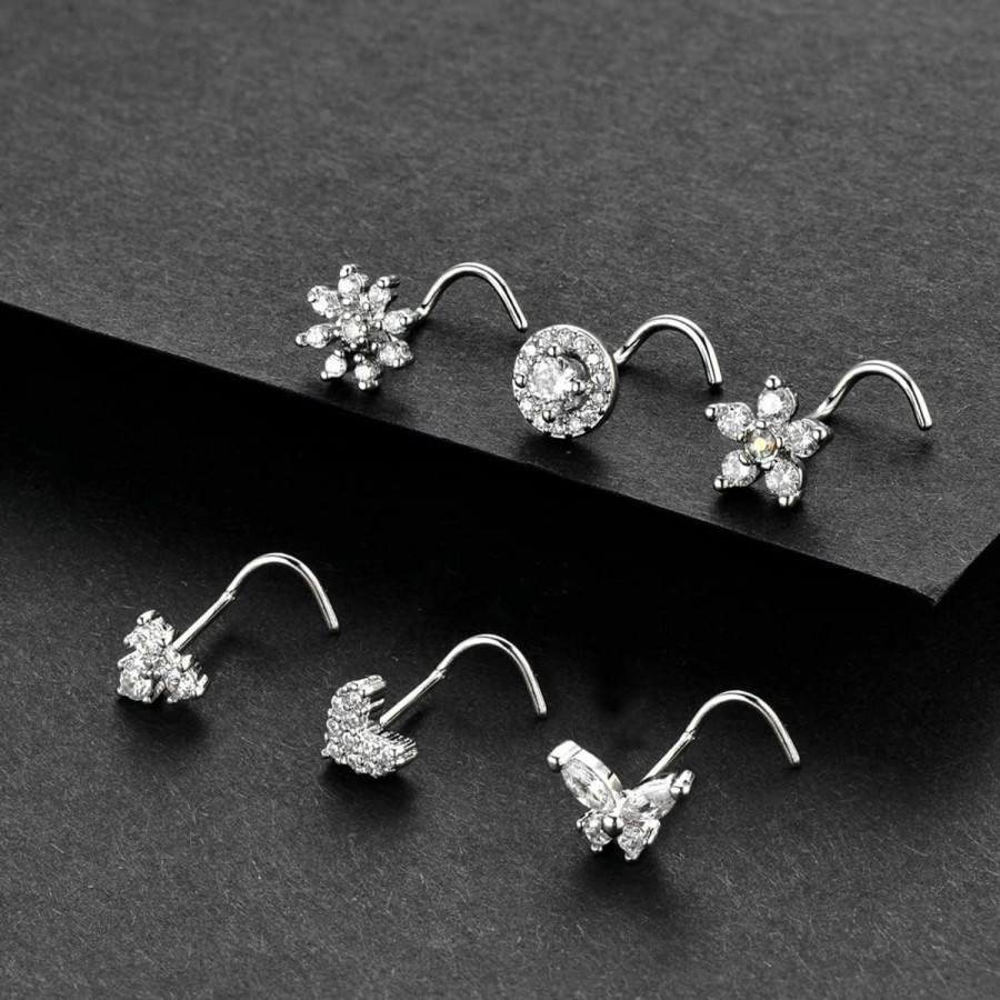 Wholesale supsiah Supsiah 20G L Shaped Nose Studs Surgical Stainless Steel Cz Nose Rings Studs Silver For Women Nose Piercing Jewerly 6Pcs Sets